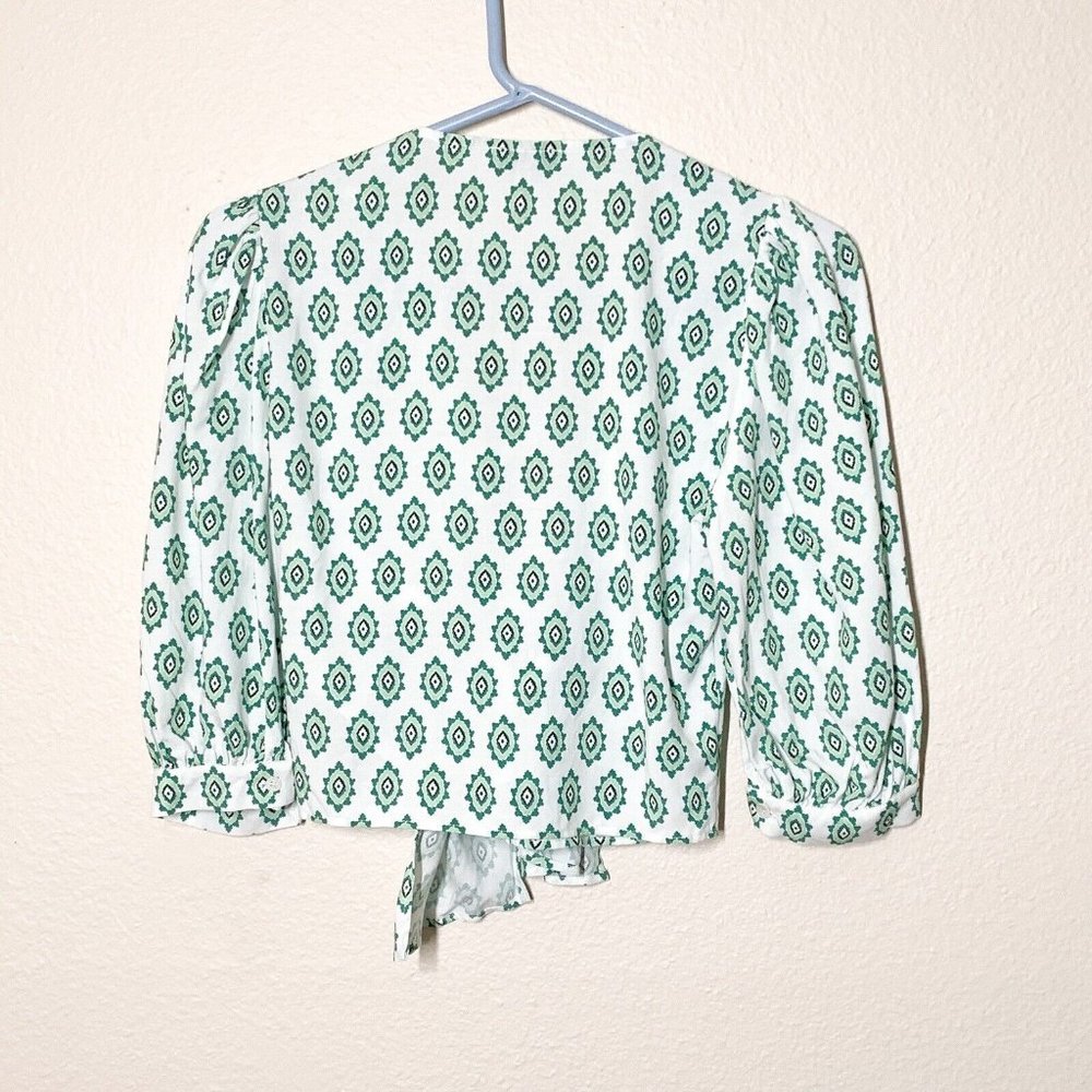 Sandro Namal Printed Crop Top 1 Small Waist Tie 3/4 Balloon Sleeve White Green - Picture 5 of 7